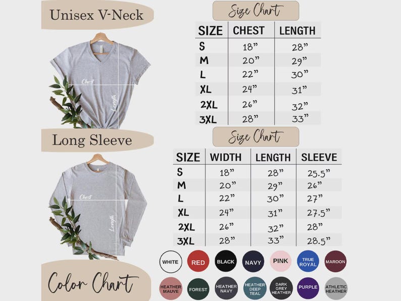 May include: A product image featuring a gray unisex V-neck t-shirt and a long-sleeve shirt. Size charts display chest, length, width, and sleeve measurements in inches. A color chart shows available colors like white, red, and black.
