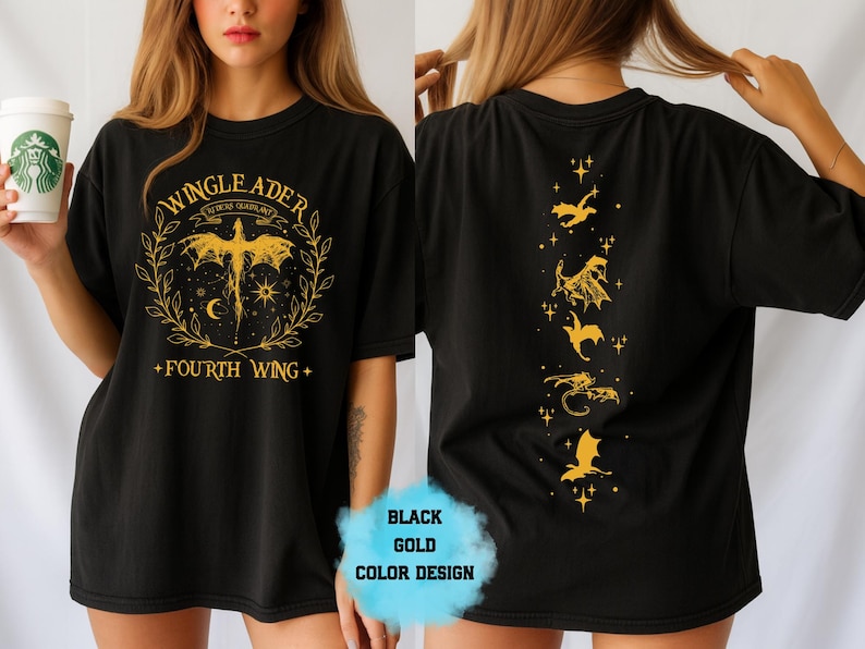 May include: Black t-shirt with gold graphic design. The front features the text "WINGLEADER" and "FOURTH WING" with a dragon and laurel wreath. The back has gold dragon illustrations. The shirt is a black and gold color design.