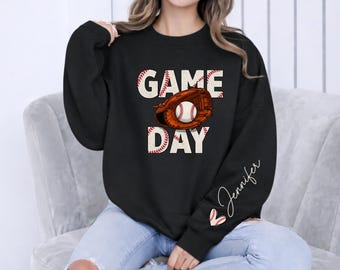 Sweat-shirt à capuche baseball Game Day personnalisé nom personnalisé, gant de baseball fière maman ras du cou, cadeau de compétition esprit d'équipe