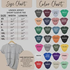 May include: A light gray unisex short sleeve tee shirt displayed on a wooden hanger, with a size chart and color chart. The size chart lists sizes XS to 4XL with width and length measurements in inches. The color chart shows various shirt colors.