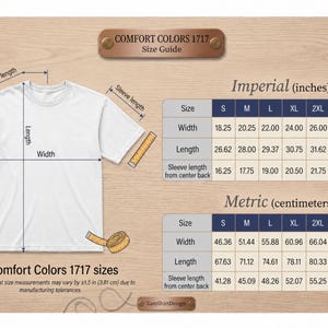 Pode incluir: T-shirt branco Comfort Colors 1717 com guia de tamanhos. A largura da camisa varia de 46,36 a 75,56 cm, e o comprimento de 67,63 a 85,09 cm. O comprimento da manga do centro das costas &eacute; de 41,28 a 62,56 cm. Inclui medidas imperiais e m&eacute;tricas.