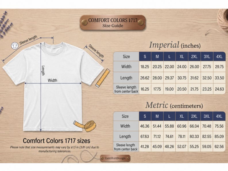 Pode incluir: T-shirt branco Comfort Colors 1717 com guia de tamanhos. A largura da camisa varia de 46,36 a 75,56 cm, e o comprimento de 67,63 a 85,09 cm. O comprimento da manga do centro das costas &eacute; de 41,28 a 62,56 cm. Inclui medidas imperiais e m&eacute;tricas.