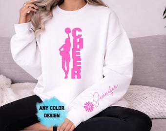 Sweat-shirt à capuche silhouette debout Cheer, nom personnalisé, pom-pom girl à pompons, col rond Game Day, cadeau esprit d'équipe