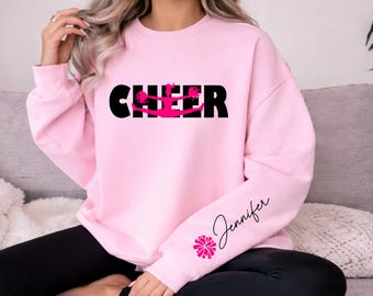 Sweat-shirt à capuche silhouette Cheer, nom personnalisé, pom-pom girl à pompons, col rond Game Day, cadeau de concours esprit d'équipe