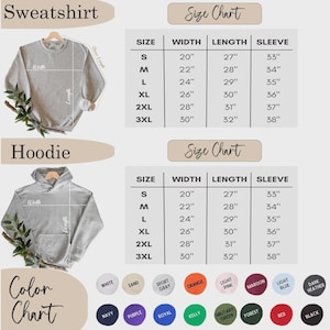 May include: A product image featuring a light gray sweatshirt and hoodie. Size charts detail measurements in inches for width, length, and sleeve length. A color chart displays various options, including white, sand, and navy.
