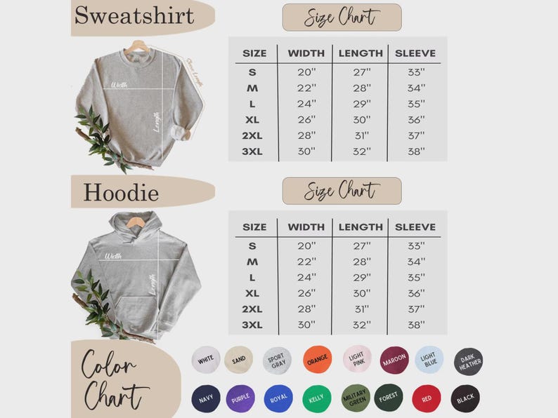 May include: A product image featuring a light gray sweatshirt and hoodie. Size charts detail measurements in inches for width, length, and sleeve length. A color chart displays various options, including white, sand, and navy.