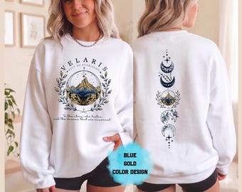 Moletom Velaris City of Starlight Floral, Moletom ACOTAR Azul e Dourado, Moletom com Capuz Night Court Botanical, Presente com Fases da Lua, Produtos ACOTAR