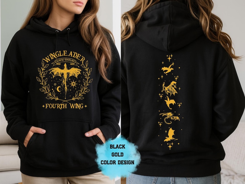 May include: Black hoodie with gold graphic design. The front features a winged creature, text that reads "WINGLEADER" and "FOURTH WING". The back has a vertical line of gold dragon illustrations. The hoodie has a kangaroo pocket.