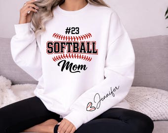 Softball Mom Sweatshirt Hoodie Personalized Custom Number Name, Proud Sports Mama Game Day Crewneck, Team Spirit Mama Gift