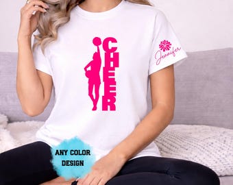 T-shirt Silhouette debout Cheer, nom personnalisé, t-shirt pompon pom-pom girl le jour du match, cadeau du jour de la compétition esprit d'équipe