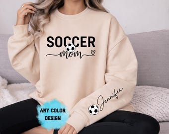 Soccer Mom Heart Sweatshirt Hoodie Personalized Custom Name, Proud Sports Mama Game Day Crewneck, Team Spirit Competition Gift