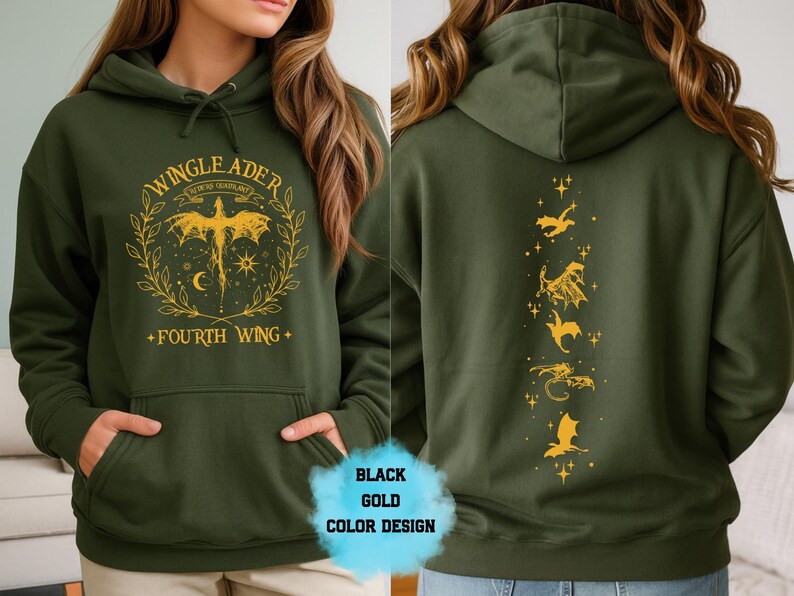 May include: Dark green hoodie with a front graphic featuring a winged creature, text that reads "WINGLEADER" and "FOURTH WING" in gold. The back of the hoodie has a vertical design of gold dragons and stars.