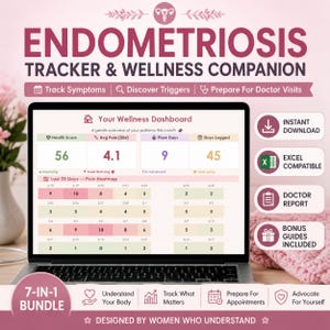 May include: A laptop displays an endometriosis tracker and wellness companion. The screen shows a dashboard with health scores, pain levels, and flare days. Additional features include instant download, Excel compatibility, and a doctor report.