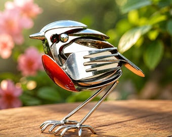 Handmade Stainless Steel Robin Bird Sculpture, Modern Garden Yard Art