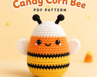 May include: A crocheted bee toy with a candy corn colour scheme of white, orange, and yellow stripes with black accents. The bee has two black antennae, small white wings, and a smiling face. The text Candy Corn Bee PDF PATTERN is above.