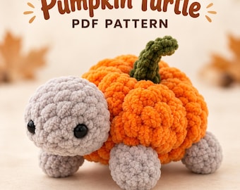May include: A crochet turtle with a light grey head and limbs and a bright orange pumpkin-shaped shell topped with a small green stem. The text Pumpkin Turtle PDF PATTERN is displayed in brown letters above the crocheted figure.