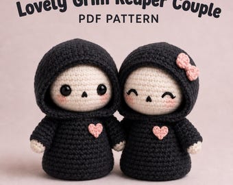 May include: Two crocheted dolls dressed in black hooded cloaks with pink hearts on their chests. The text "Lovely Grim Reaper Couple PDF PATTERN" appears above them. The dolls have cream-coloured faces, black eyes, and one has a small pink bow.