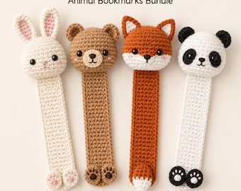 May include: A set of four crochet animal bookmarks labelled Animal Bookmarks Bundle. The set includes a cream rabbit, a brown bear, an orange fox, and a white and black panda. Each bookmark features a detailed animal head and matching paw feet.