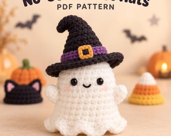 May include: A white crocheted ghost figurine wearing a black witch hat with a purple band and yellow buckle. The ghost has black bead eyes and a small smile. The text No-Sew Ghost Hats PDF PATTERN is displayed at the top of the image.
