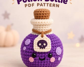 May include: A purple crochet potion bottle with a brown cork, cream-coloured neck, and a tag featuring a black skull. The bottle has black eyes, a smiling mouth, pink cheeks, and light purple spots. Text above reads Potion Bottle PDF PATTERN.