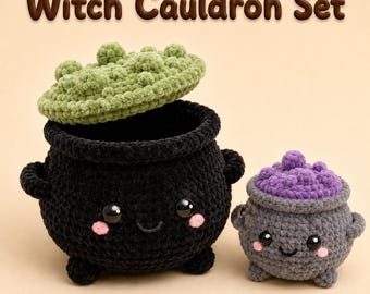 May include: A crochet Witch Cauldron Set featuring a large black cauldron with a textured green lid and a smaller grey cauldron with a purple lid. Both items have black safety eyes, embroidered smiles, and small pink cheeks on their round bodies.