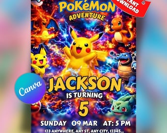 Pokemon verjaardagsuitnodiging | Bewerkbare Pikachu-feestsjabloon | Aangepaste digitale download | Pokemon-verjaardagsuitnodiging jongens en meisjes