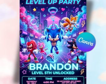 Sonic neon-verjaardagsuitnodiging | Level Up Gamer Party-sjabloon (digitale download)
