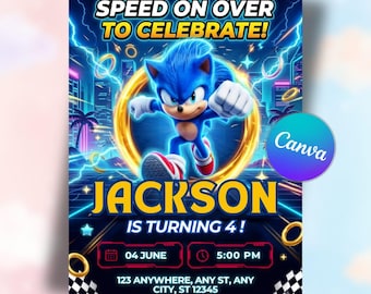 Sonic neon-verjaardagsuitnodiging | Sjabloon voor gamer level-up party (digitale download)