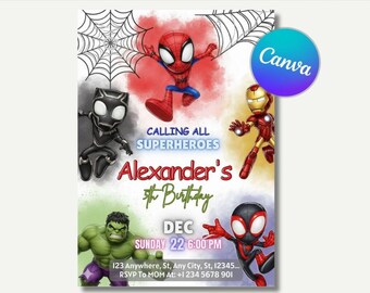 Bewerkbare verjaardagsuitnodiging superheld, Spidey Canva-sjabloon (digitale download)