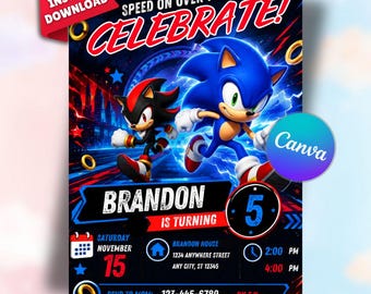 Sonic Neon-verjaardagsuitnodiging, level-up gamerfeestuitnodiging (digitale download)