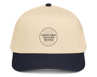 Coffee First Adulting Second Dad Hat | Funny Coffee Cap | Gift for Coffee Lovers | Unisex Baseball Hat | Newspaper Style Patch Cap