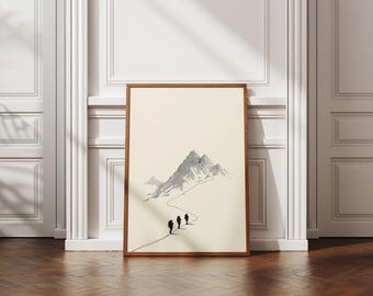以下が含まれることがあります： グレーと黒の色合いのミニマリストな山岳風景を描いた、額装されたアートプリント。3人のシルエットが山に向かう道を歩いています。フレームは木製です。