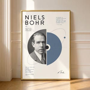 Op de afbeelding: Een ingelijste poster met een zwart-witportret van Niels Bohr, tekst over zijn leven en een citaat, en een blauwe cirkelvormige afbeelding met orbitale lijnen. Het ontwerp bevat de tekst 'NIELS BOHR', 'PHYSICIST 1885-1962' en 'NOBEL PRIZE IN PHYSICS 1922'.