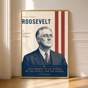 Franklin D Roosevelt Poster Druck, FDR Präsidentschaftswandkunst, Vintage Politisches Porträt, Dekor der amerikanischen Geschichte, Vaterländischer Physischer Druck