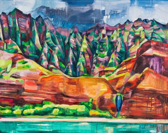 May include: An abstract landscape painting depicting a colourful mountain range. The artwork uses bold brushstrokes and a rich palette of colours, including reds, greens, and blues. A body of water is at the bottom of the painting.