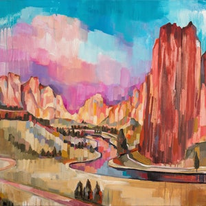 May include: A painting of a landscape with a river winding through a valley. The sky is a vibrant blue and pink, and the mountains are a mix of red, orange, and brown.
