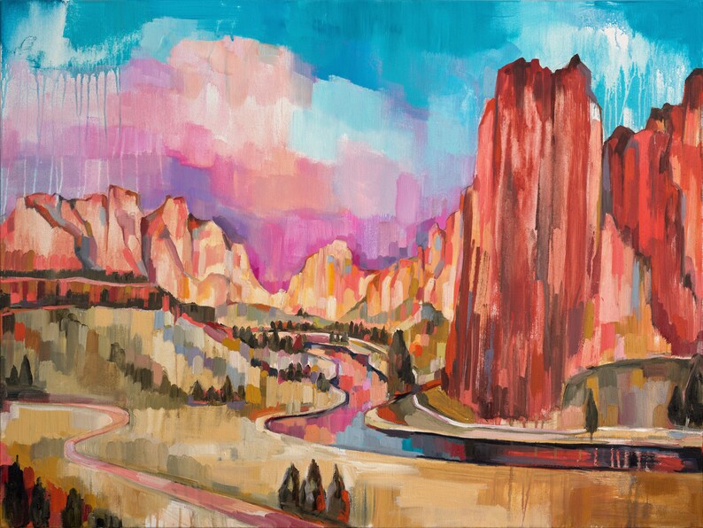 May include: A painting of a landscape with a river winding through a valley. The sky is a vibrant blue and pink, and the mountains are a mix of red, orange, and brown.