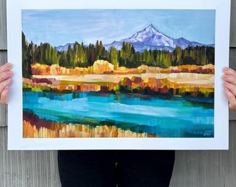 May include: A landscape painting on paper featuring a snow-capped mountain peak in the distance, a dense forest of dark green trees, a golden-brown meadow, and a vibrant turquoise river in the foreground. The artist signature Dunn is in the corner.