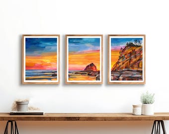 Cape Kiwanda | Paper Prints or Canvas, Ocean Triptych Artwork | Print of Original Oil Painting | &quot;Oregon Coast&quot; - Set of 3 Prints or Canvas