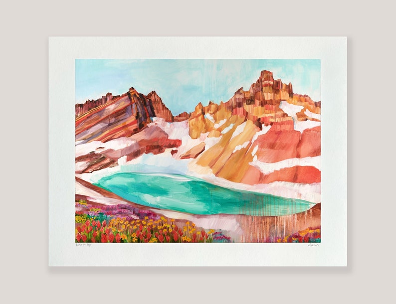 May include: A watercolor painting of a mountain range with a turquoise lake in the foreground. The mountains are painted in shades of red, orange, and yellow, with white snow on the peaks. The lake is surrounded by a field of wildflowers in shades of red, orange, and yellow.