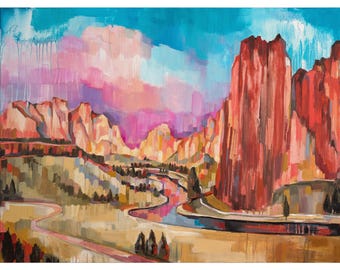 May include: A landscape painting featuring towering red rock formations and cliffs rising above a winding river. The scene includes a vibrant sky with streaks of pink, purple, and blue, with earthy tan and brown tones in the foreground valley.
