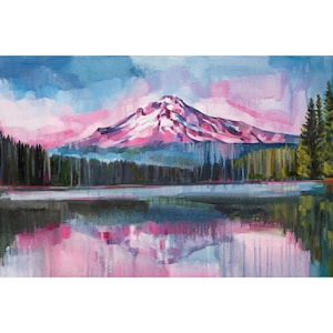 May include: A painting of a mountain reflected in a lake. The mountain is pink and purple with a white peak. The lake is blue and green with a reflection of the mountain. The sky is blue with pink and purple clouds.