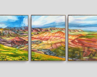 Painted Hills | Paper Prints or Canvas, Triptych Artwork | Print of Original Oil Painting | &quot;Eastern Oregon&quot; - Set of 3 Prints or Canvas