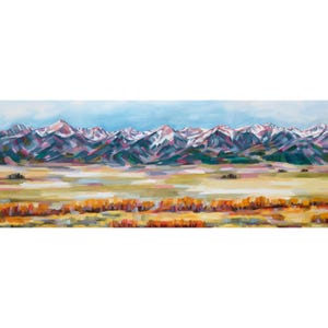 Otoño en la Sangre de Cristo: impresión en tinta de archivo de una pintura al óleo original de Sheila Dunn. Obra firmada a mano, Montañas Rocosas, Colorado