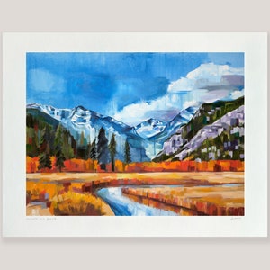 May include: A painting of a mountain landscape with a river flowing through a valley. The mountains are snow-capped and the valley is filled with fall foliage in shades of orange, red, and yellow. The sky is blue with white clouds.