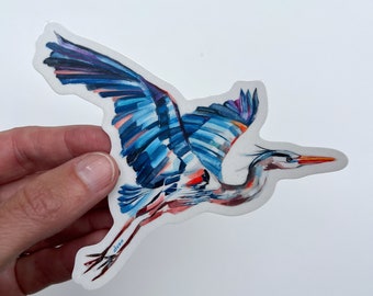 BLUE HERON - durable vinyl sticker, waterproof, uv resistant decal, made in Oregon, Sheila Dunn oil painting artist