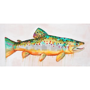 以下が含まれることがあります： 緑、黄色、オレンジの体を持つニジマスのカラフルな絵画。魚は白い背景にブロック状のスタイルで描かれています。