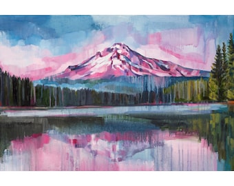 May include: A landscape painting featuring a snow-capped mountain peak illuminated in shades of pink and purple. A dark forest of evergreen trees lines the shore of a calm lake, which reflects the mountain and the vibrant sky in its surface.