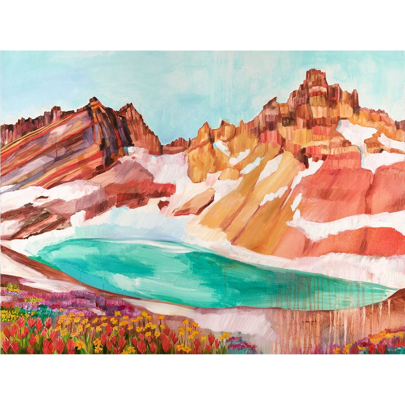 May include: A painting of a mountain lake surrounded by snow-capped peaks. The lake is a vibrant turquoise blue, and the mountains are a mix of red, orange, and yellow. Wildflowers bloom in the foreground.