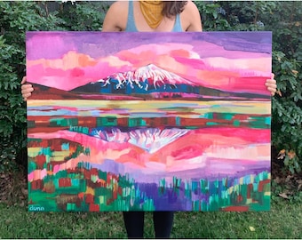 May include: A rectangular canvas painting featuring a snow-capped mountain peak under a vibrant purple and pink sky. The landscape includes a reflective body of water and colorful foreground vegetation. The artist signature clunn is in the corner.